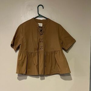 Sezane Theodora Tan Peplum Top Ribon Tie Front Size 36